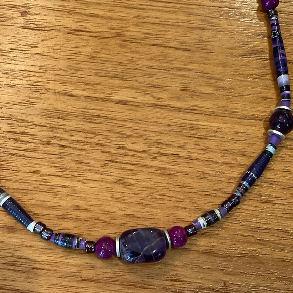 Jewelry - Stone Necklace. Amethyst, glass, seed and tube beads. Fish Hook clasp.
